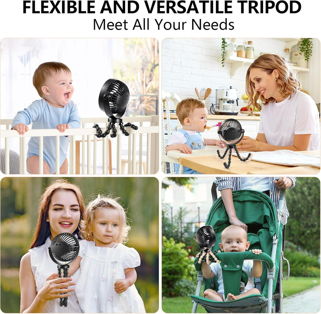 Portable Mini Handheld Fan for Personal Use - Versatile USB/Battery Powered Stroller, Car Seat, and Camping Fan with Flexible Tripod Clip (Black)