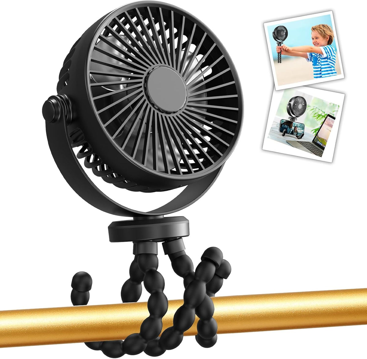 Portable Mini Handheld Fan for Personal Use - Versatile USB/Battery Powered Stroller, Car Seat, and Camping Fan with Flexible Tripod Clip (Black)