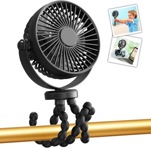 Portable Mini Handheld Fan for Personal Use - Versatile USB/Battery Powered Stroller, Car Seat, and Camping Fan with Flexible Tripod Clip (Black)