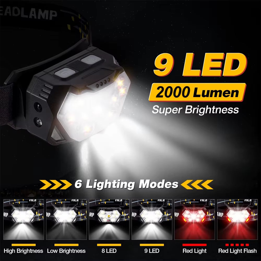 USB Rechargeable 9 LED Motion Sensor Headlamp - Portable Headlight for Fishing, Camping, and Outdoor Work