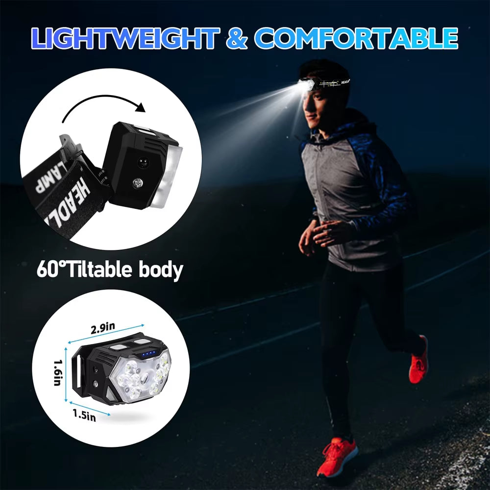 USB Rechargeable 9 LED Motion Sensor Headlamp - Portable Headlight for Fishing, Camping, and Outdoor Work